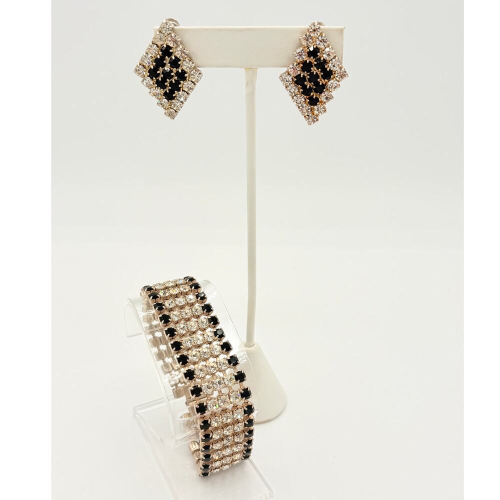 Vintage Black & Clear Rhinestone Bracelet & Earrings Set, Silver-toned